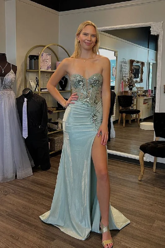 Metallic Satin Mermaid Sweetheart Prom Dresses with Slit and Appliques Trendy new unclassified dresses