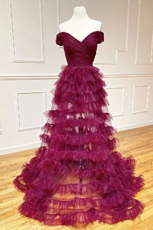 Off the Shoulder Dark Berry Pleated Sheer Tiered Prom Dress Striped unclassified dresses