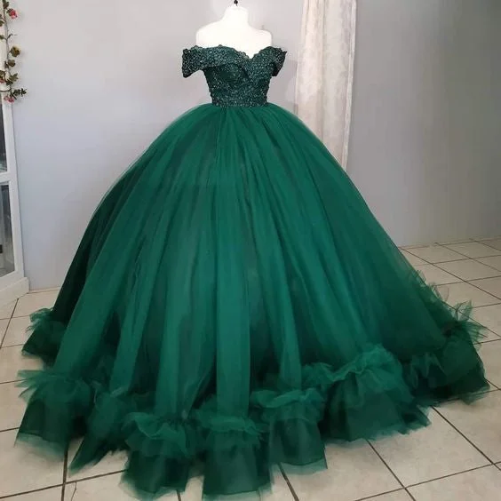 Off The Shoulder Green Ball Gown Quinceanera Dresses with Train Bold pattern unclassified dresses