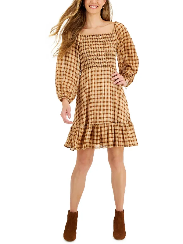 Petites Womens Plaid Smocked Fit & Flare Dress Off-shoulder unclassified dresses