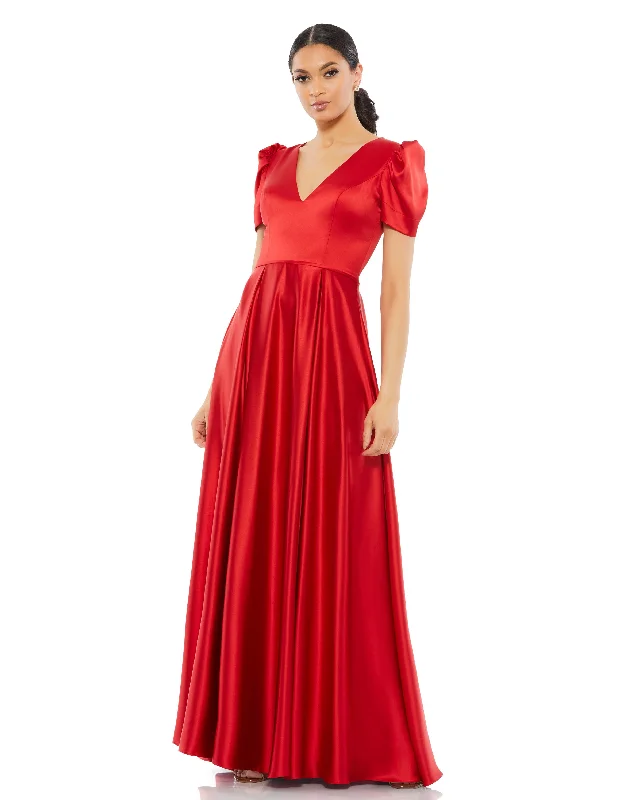 Puff Sleeve V-Neck Satin Gown Vacation unclassified dresses