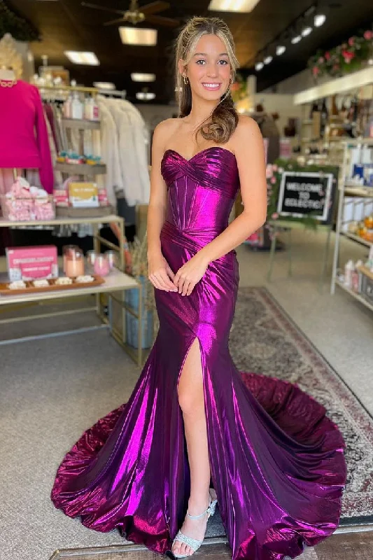 Purple Metallic Satin Mermaid Sweetheart Prom Dress with Slit Party unclassified dresses