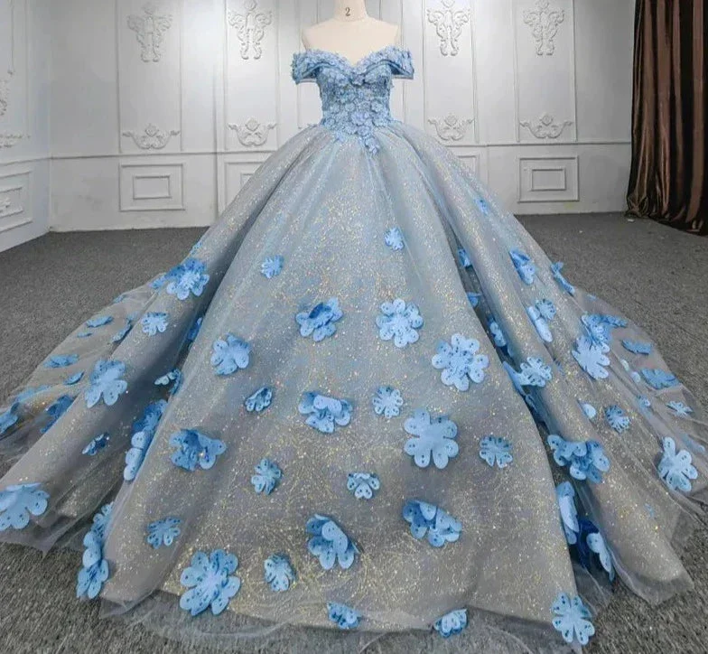 Quinceanera Blue  Off-the-Shoulder  Ball Gown Flower Dress Casual chic unclassified dresses