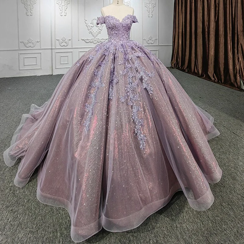 Quinceanera Purple  Off-the-Shoulder Ball Gown Flower Dress Wrap unclassified dresses