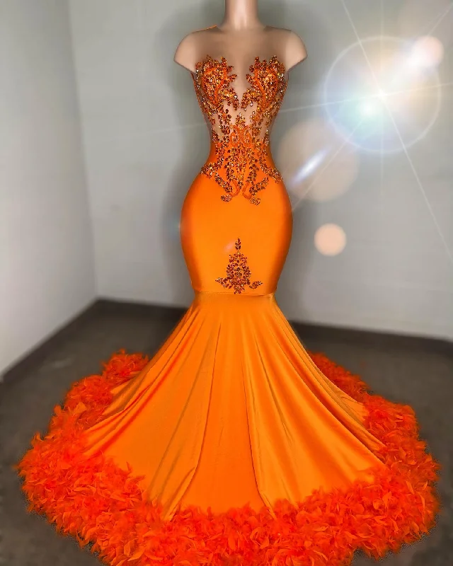 Radiant Orange Embellished Mermaid Gown with Feather Details Formal unclassified dresses