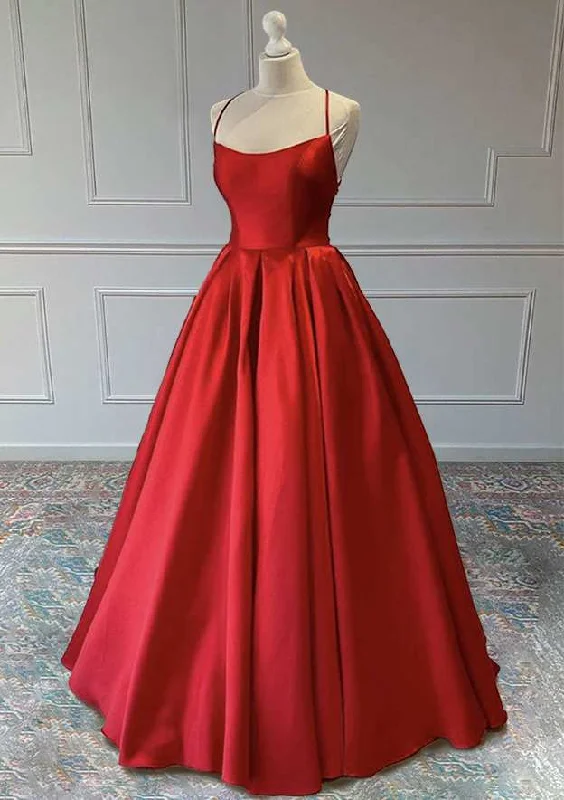 Red A-Line Sleeveless Square Neckline Satin Prom Dress Pastel unclassified dresses