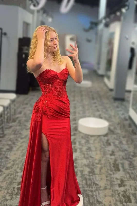 Red Mermaid Sweetheart Prom Dresses with Slit and Appliques Office unclassified dresses