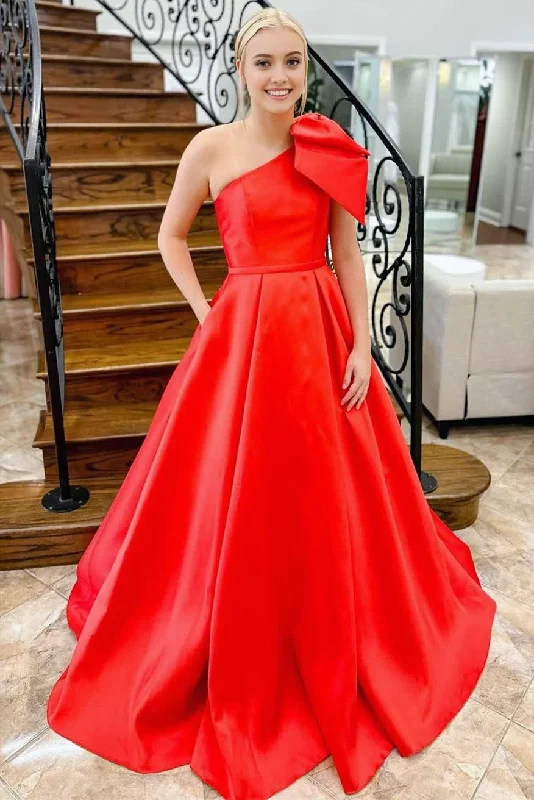 Red One Shoulder Bow Tie Satin Prom Dress with Pockets Cotton unclassified dresses