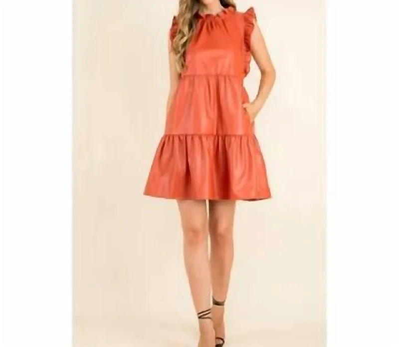 Ruffle Sleeve Vegan Tiered Dress In Burnt Orange Breathable unclassified dresses