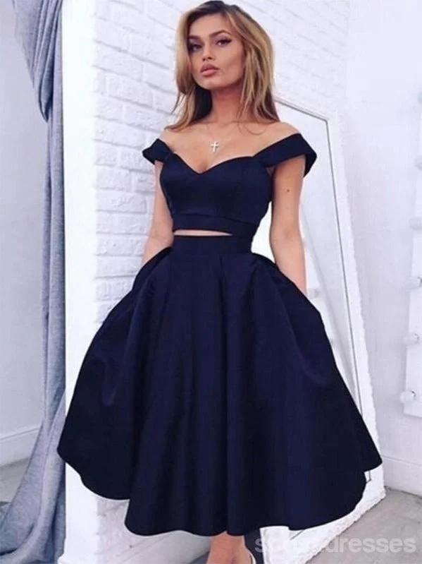 Two Pieces Off Shoulder Navy Blue Homecoming Prom Dresses, Cheap Homecoming Dresses, CM358 Open-back unclassified dresses