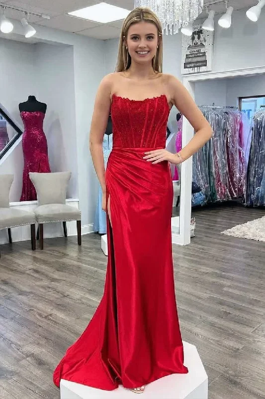 Sheath Strapless Corset Satin Prom Dress with Slit Printed unclassified dresses