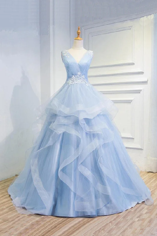 Sweetheart Baby Blue Organza V Neck Ruffles Appliques Prom Dresses Wedding guest unclassified dresses