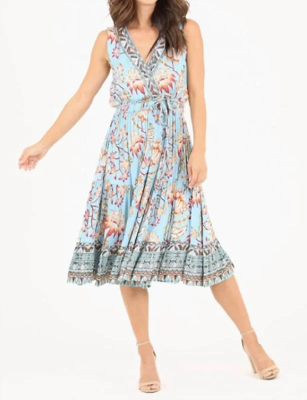 Tiered Vneck Dress In Satin Sky Floral unclassified dresses