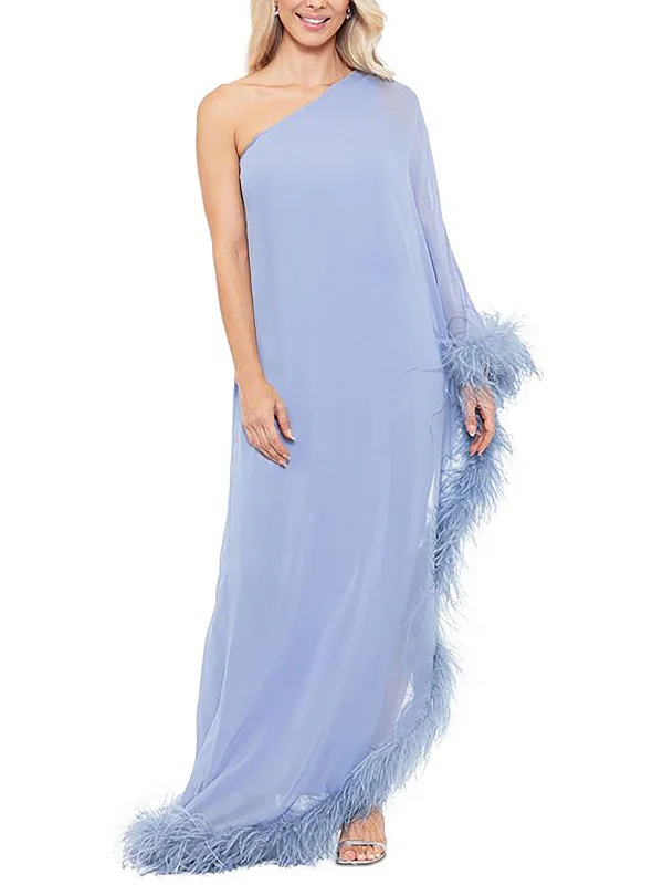 Womens Feather Trim One Shoulder Evening Dress Casual unclassified dresses