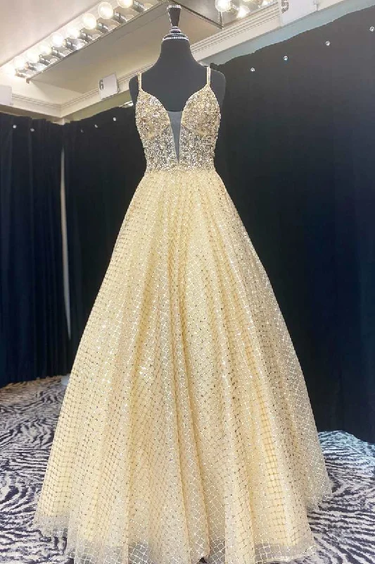 Yellow Beaded Plunge Neck A-Line Prom Gown Winter unclassified dresses