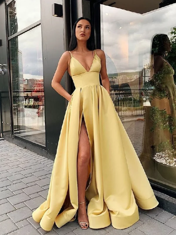 Yellow Satin A-Line V Neck Prom Dresses with Straps, Formal Evening Dresses Dark color unclassified dresses