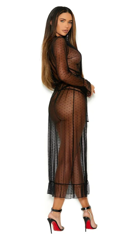 Elegant Moments 11039 – 11039X Long sleeve dotted mesh robe, belt.Reg $50 Silk Maxi Skirt