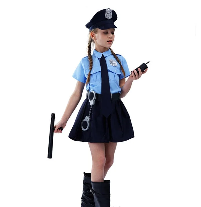 Halloween Children's Dress-up Costume Cute Police Uniform Girls' Slim-fit One-piece Long Sleeves Police Dress Casual Maxi Outfit