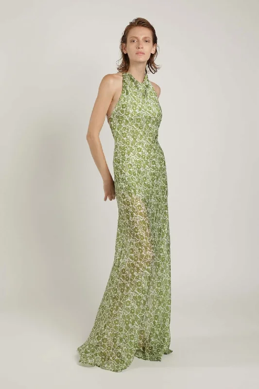 Marwa Halter Neck Maxi Dress W. Open Back Green Print Floral Maxi Skirt Casual