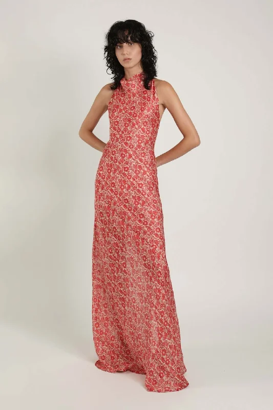 Marwa Halter Neck Maxi Dress W. Open Back Red Print Floral Summer Floral Maxi