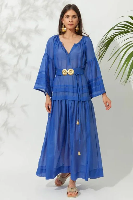 Mykonos Silk Cotton Long Dress W. Golden Buckles & Tassels Greek Blue Printed Long Skirt