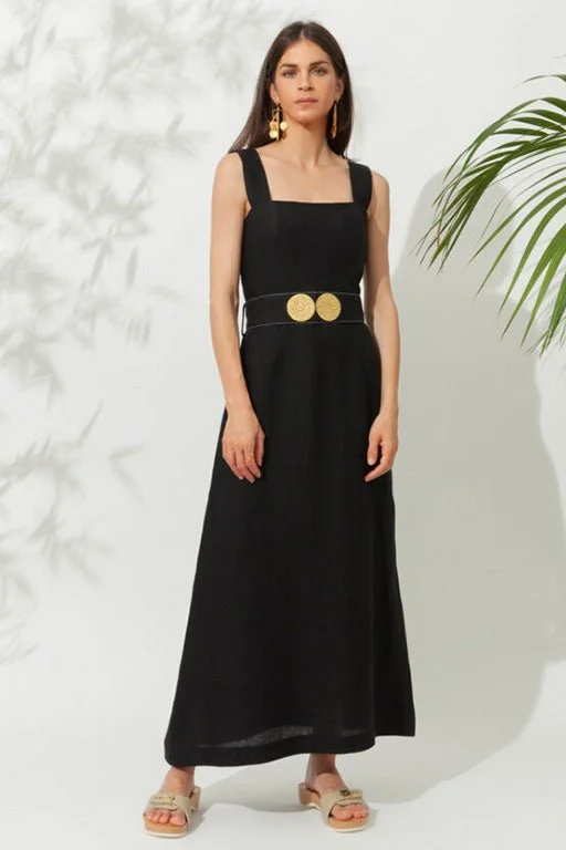 Nonika Long Dress With Golden Buckles Black Formal Maxi Outfit