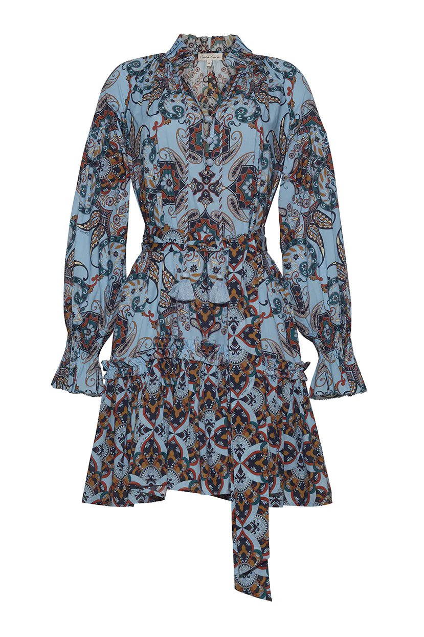 Poppy Long Sleeve Short Dress Blue Vintage Paisley Knit Maxi Skirt