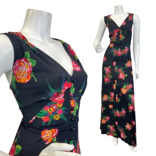 VINTAGE 60s 70s BLACK RED GREEN ROSE FLOWER BOUQUET SLEEVELESS MAXI DRESS 12 14 Elegant Maxi Look