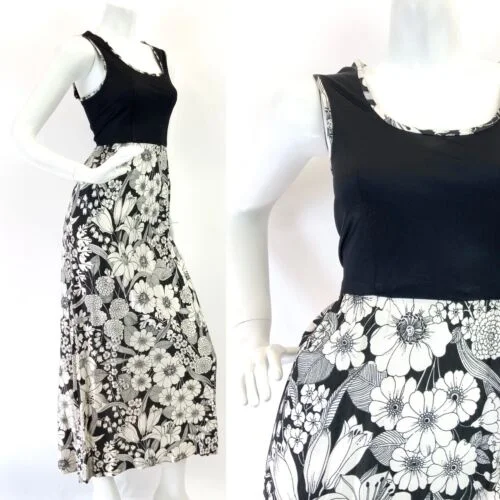 VINTAGE 60s 70s BLACK WHITE FLORAL PSYCHEDELIC MOD SLEEVELESS MAXI DRESS 8 10 Printed A-line Maxi