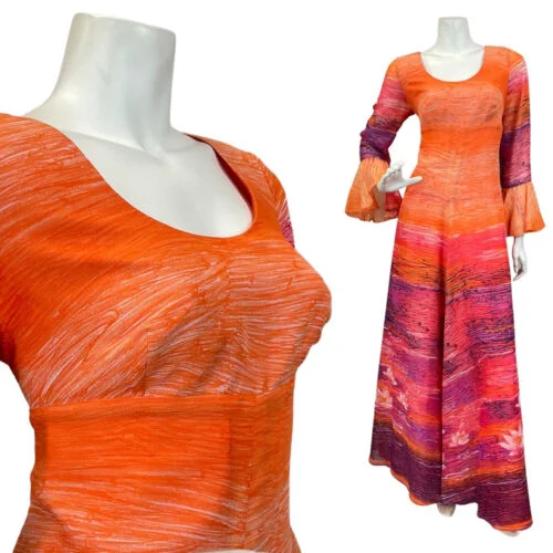 VINTAGE 60s 70s ORANGE PURPLE PINK STRIPED WATERLILY MAXI DRESS 12 14 Slim-fit Maxi Skirt