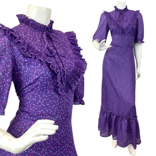 VINTAGE 60s 70s PURPLE PINK WHITE DITSY FLOWER RUFFLE PRAIRIE MAXI DRESS 8 10 Maxi Skirt Chic