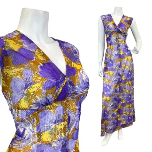 VINTAGE 60s 70s PURPLE YELLOW BROWN PSYCHEDELIC FLORAL SLEEVELESS MAXI DRESS 14 Long Boho Skirt