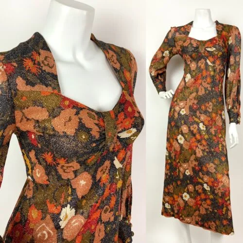 VTG 60s 70s BLACK ORANGE RED GOLD GLITTER LUREX FLORAL SWEETHEART MAXI DRESS 8 Skater Maxi Skirt