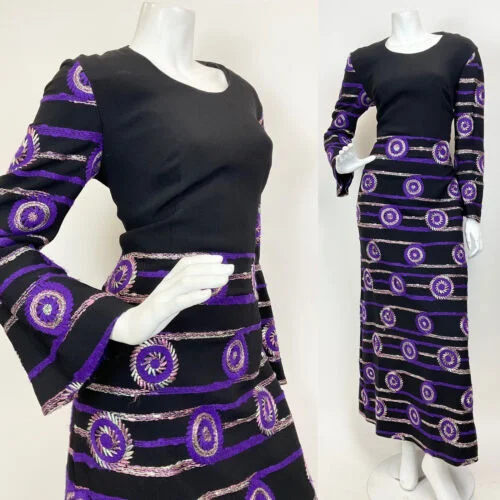 VTG 60s 70s BLACK PURPLE GOLD MINT EMBROIDERED GEOMETRIC MOD MAXI DRESS 12 14 Embroidered Maxi Skirt