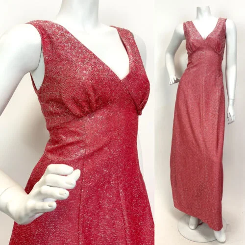 VTG 60s 70s CORAL RED SILVER METALLIC LUREX DISCO GLAM STUDIO 54 MAXI DRESS 10 Maxi Skirt Fashion