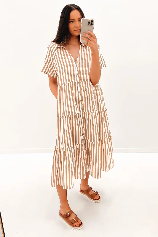 Brooke Midi Dress Brown Stripe Printed Floral Midi