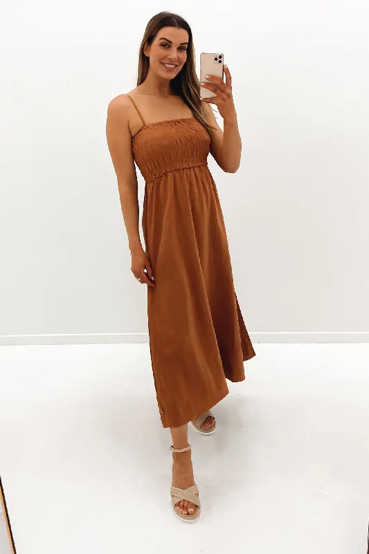 Classic Shirred Midi Dress Caramel Floral Midi Skirt