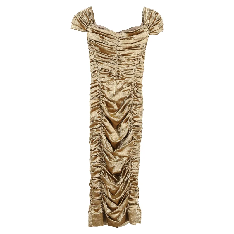 Dolce & Gabbana Ruched Midi Dress in Metallic Gold Silk Silk Midi Skirt