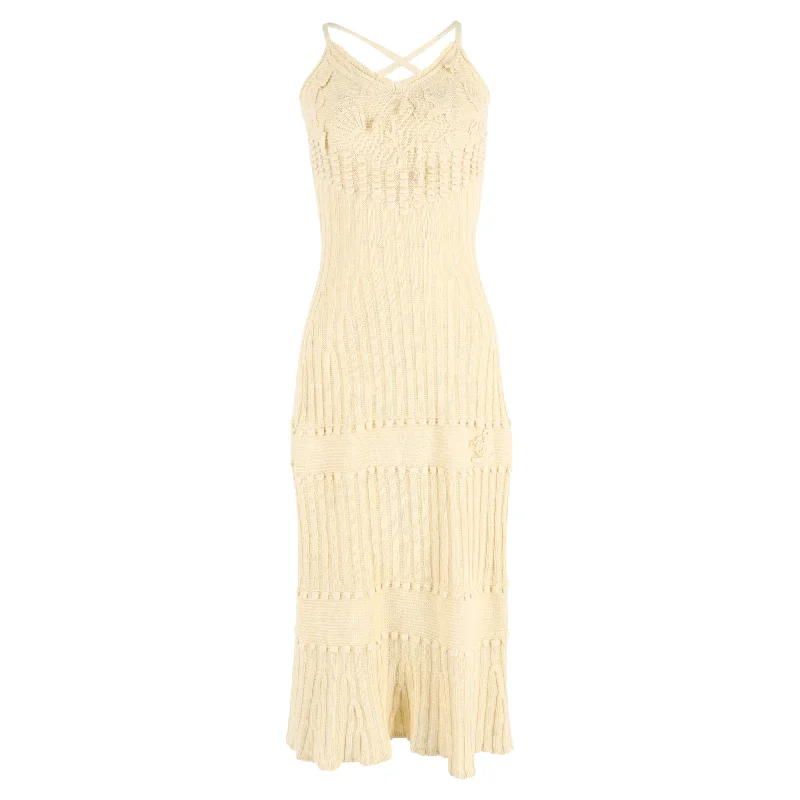 Etro Midi Knitted V-Neck Dress in Yellow Linen Stylish Pleated Skirt