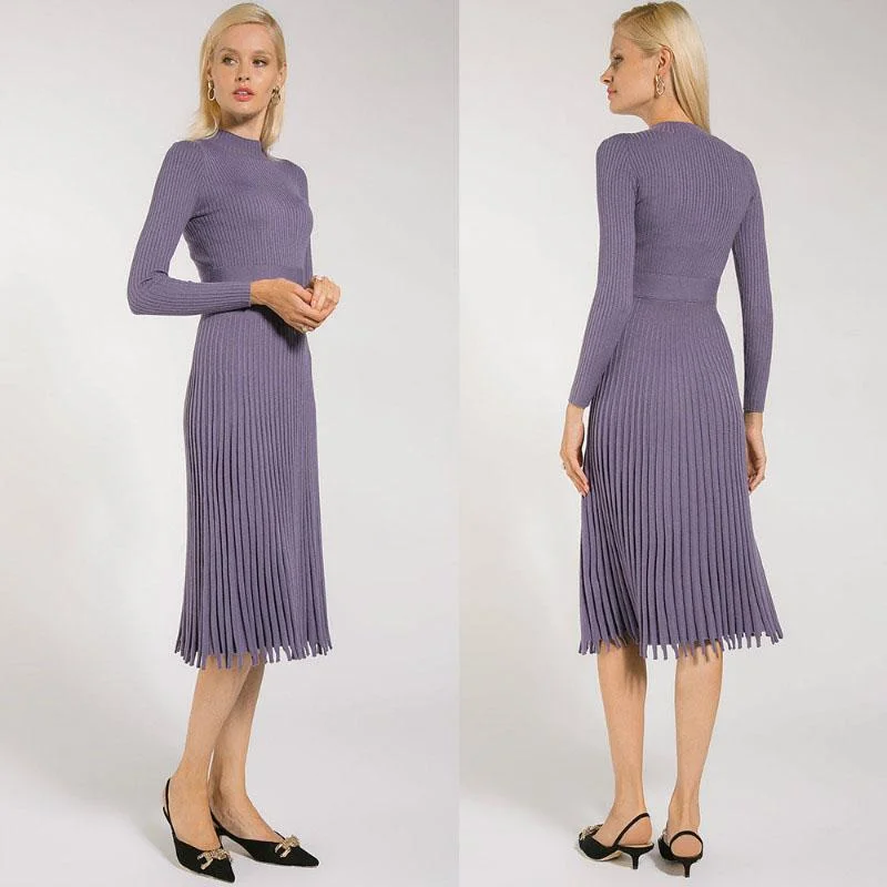 Long Sleeve Knitted Midi Pleated Dress Classic Midi Skirt