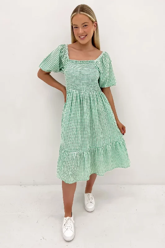 Marlee Midi Dress Green Gingham Flowy Midi Skirt