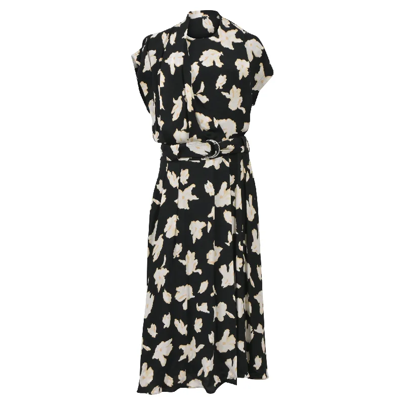 Proenza Schouler Belted Floral-Print Georgette Midi Dress in Black Viscose Cozy Midi Dress