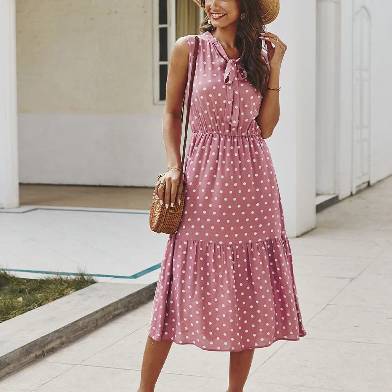 Retro Polka Dots Empire Waist Sleeveless Midi Dress Lace Trim Midi