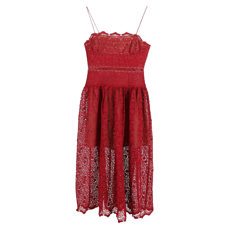 Self-Portrait Midi Lace Sleeveless Dress in Red Polyester Bohemian Midi Skirt