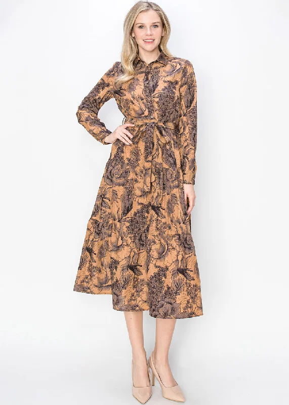 Sketch Floral Rust Midi Dress Denim Midi Skirt