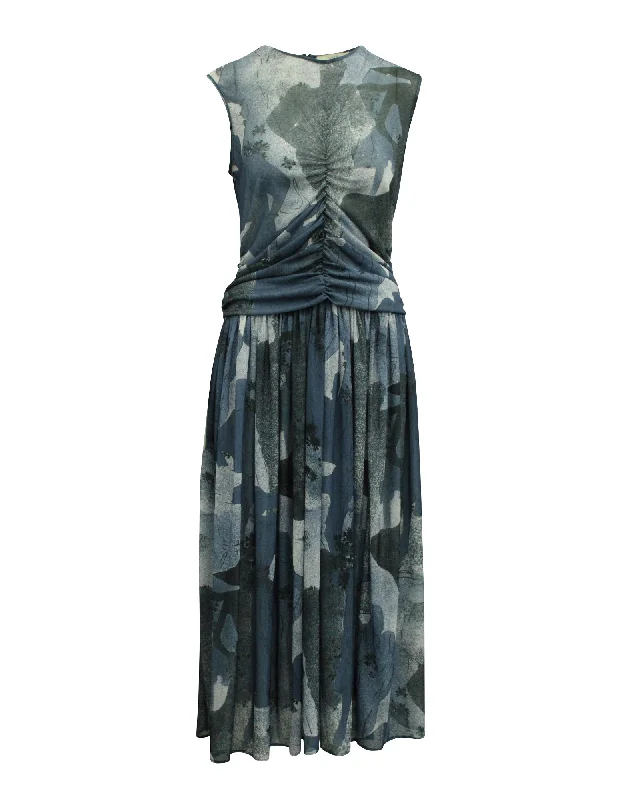 Victoria Beckham Ruched Front Midi Dress in Blue Polyester Tulle Midi Skirt